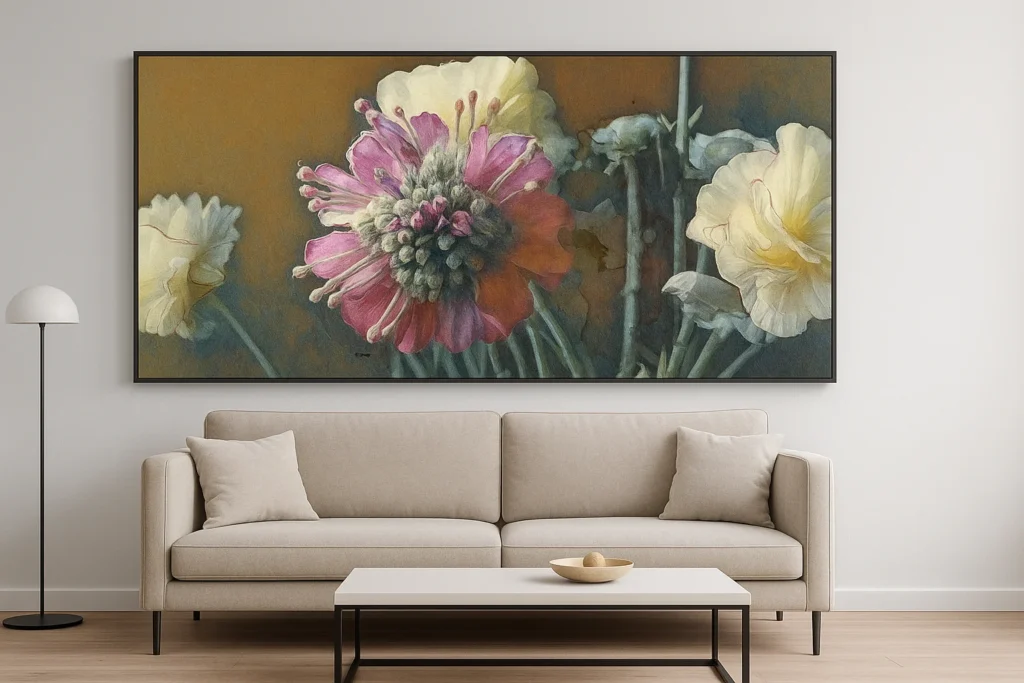 Bodegón de flores rosas  realizado con técnica mixta en lienzo. Medidas del lienzo 41cm x 101cm