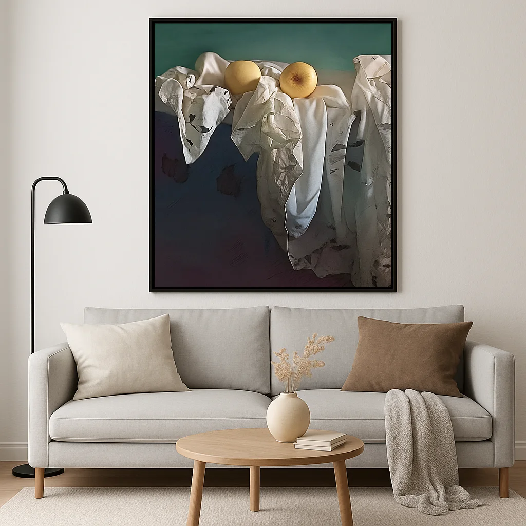 Cuadro de un bodegon con manzanas y un mantel en técnica mixta sobre lienzo