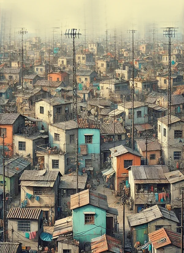 Pintura de una ciudad fantasma con sus antenas y tejados 