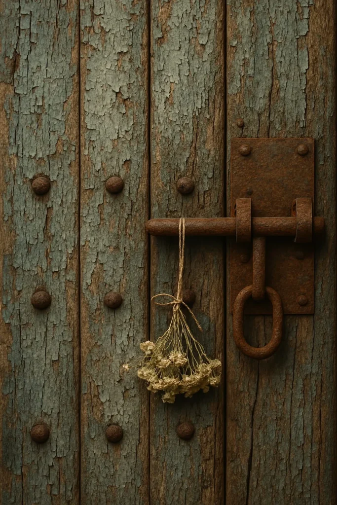 cuadro de puerta antigua envegecida con la pintura caida por el paso del tiempo. un manojo de flores blancas cuelgan de su llamador