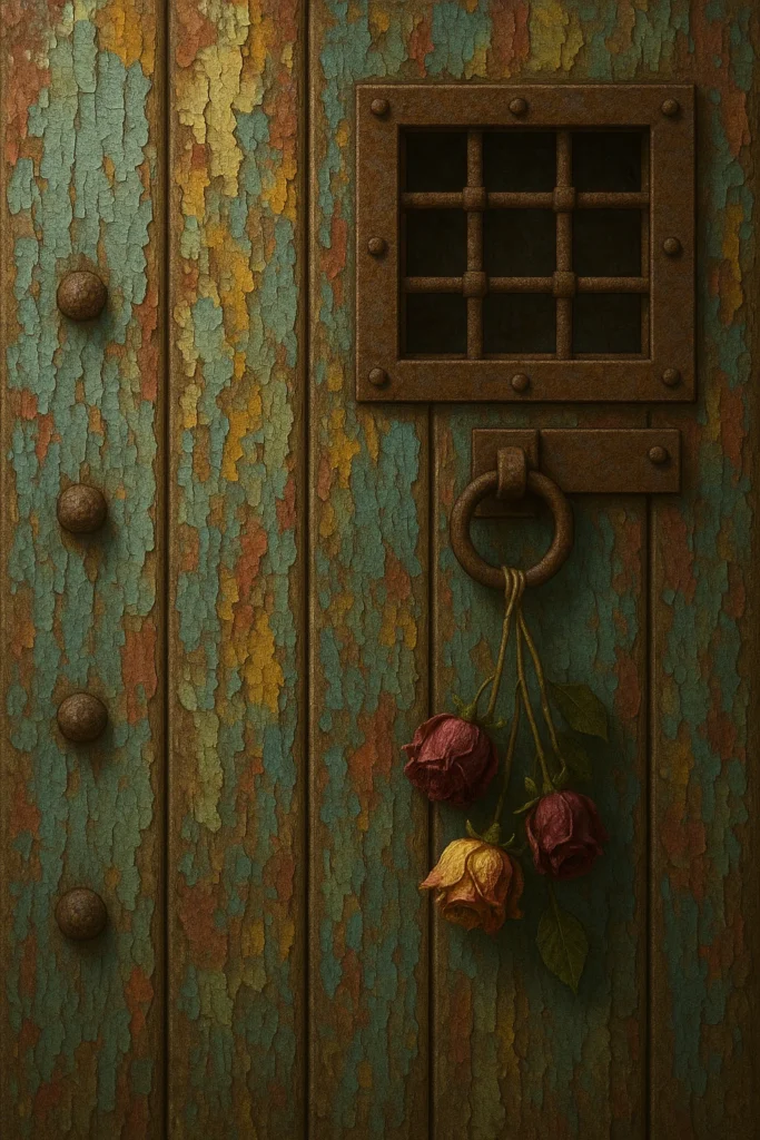 cuadro de puerta antigua envegecida con la pintura caida por el paso del tiempo. Tres rosas cuelgan de su llamador