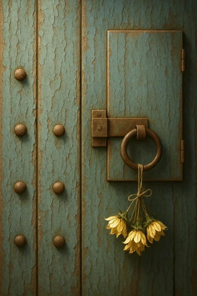 cuadro de puerta antigua envegecida con la pintura caida por el paso del tiempo. Tres flore blancas cuelgan de su llamador